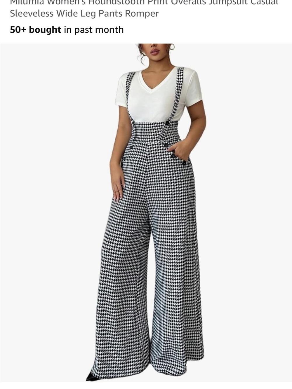 High-Waist Houndstooth Wide-Leg Suspender Pants - Black & White